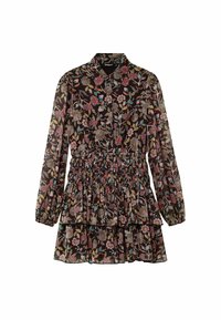 Svart blommig klänning med långa ärmar, smockad midja och lager av volanger. Har färgglada blommor och bladmönster på ett genomskinligt tyg.