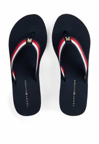 Infradito blu con strisce rosse e bianche, caratterizzati da un dettaglio del logo dorato sul cinturino e una soletta testurizzata.