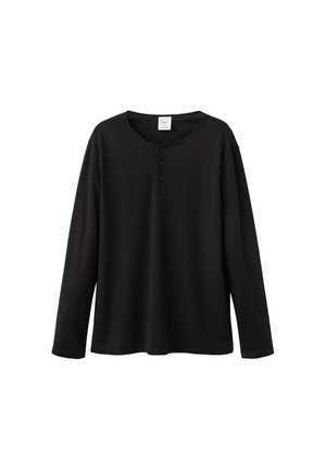 Sort langærmet Henley-shirt med tre knapper og rund halsudskæring, vist på en ensfarvet hvid baggrund.