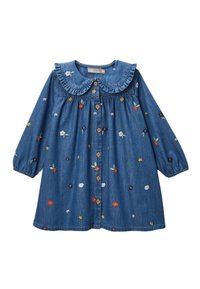 Robe en denim à manches longues, col volanté et broderies florales dans différentes couleurs. Comprend une fermeture à boutons en bois sur le devant.
