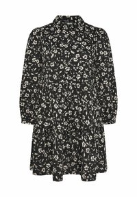 Czarna sukienka w kwiaty z długimi rękawami, kołnierzykiem, zebranymi warstwami i zapięciem na guziki. Posiada biały wzór kwiatowy na ciemnym tle.