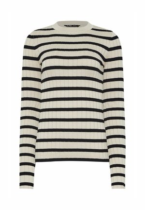 Ripp-Strickpullover in Creme mit schwarzen horizontalen Streifen, mit einem runden Ausschnitt und langen Ärmeln. Weiche Textur, schmaler Schnitt.