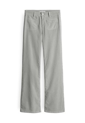 Pantalon en velours côtelé gris clair avec un design à jambe droite, doté d'une fermeture à bouton, de cinq poches et d'une texture subtile due au tissu.