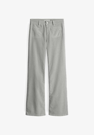 Light grey corduroy pants with a straight leg design, featuring a button closure, five pockets, and subtle texture from the fabric.