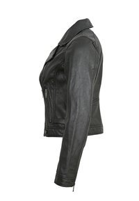 Zwarte leren motorjack met een aansluitend ontwerp, asymmetrische rits, puntkraag en ritszakken; gladde textuur en strakke lijnen.