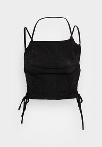 Camisola preta feita de um tecido macio e elástico. Apresenta alças finas e um detalhe franzido na lateral com laços ajustáveis para um ajuste personalizado.