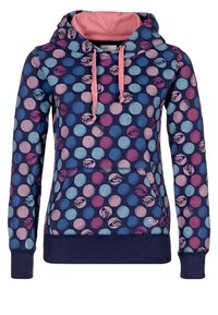 Sweat à capuche en mélange de coton, avec un fond bleu marine orné de pois multicolores et une poche kangourou. Détails roses sur la capuche.