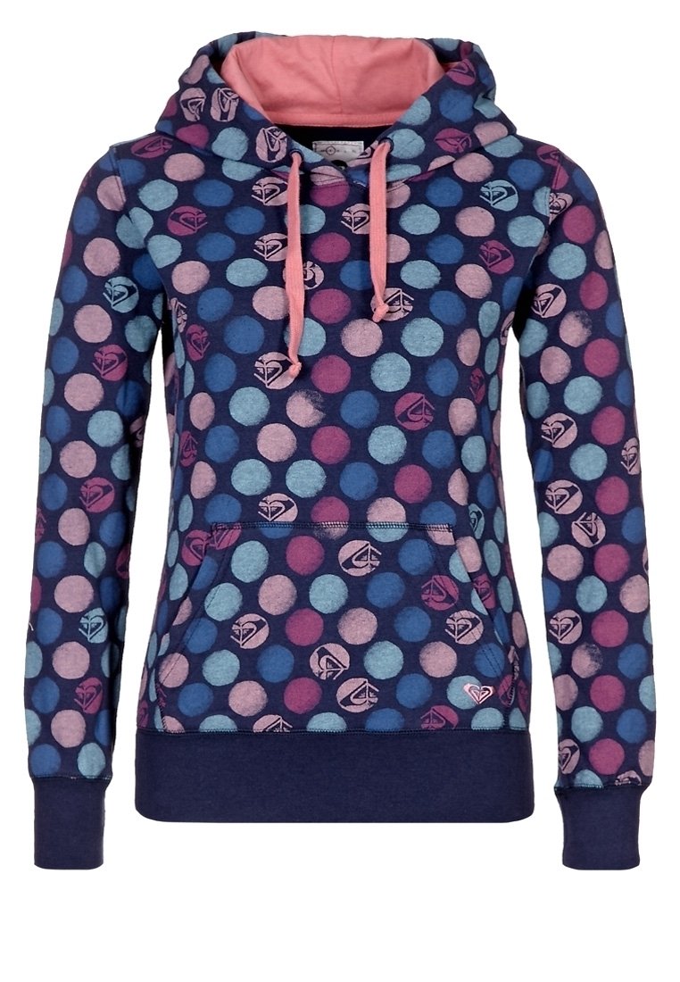 Sweat à capuche en mélange de coton, avec un fond bleu marine orné de pois multicolores et une poche kangourou. Détails roses sur la capuche.