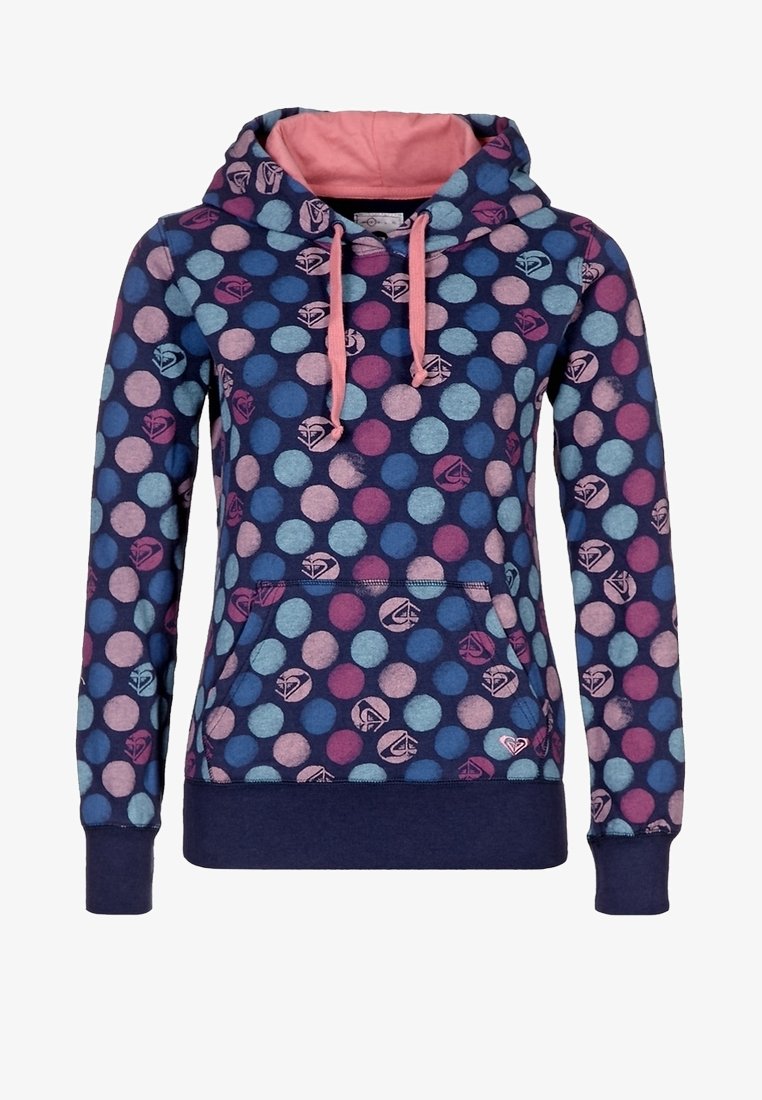 Sweat à capuche en mélange de coton, avec un fond bleu marine orné de pois multicolores et une poche kangourou. Détails roses sur la capuche.