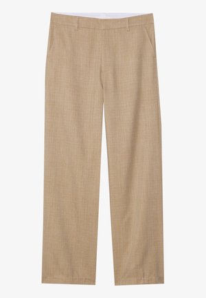 Pantalon beige à jambes droites avec poches latérales et passants de ceinture, présenté sur fond blanc.