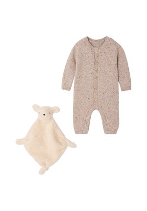 Beige knitted baby romper with buttons paired with a soft cream teddy bear-shaped security blanket.