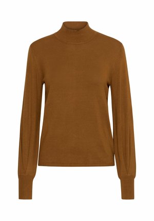 Bruine coltrui, lange mouwen, geribbelde manchetten en kraag, gladde textuur, strak ontwerp, zonder patronen of accenten.