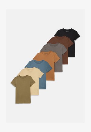 Nyolc rövid ujjú póló szett különböző színekben: olajzöld, krém, kék, narancs, szürke, barna és fekete. Pamut anyag, kerek nyakú design.