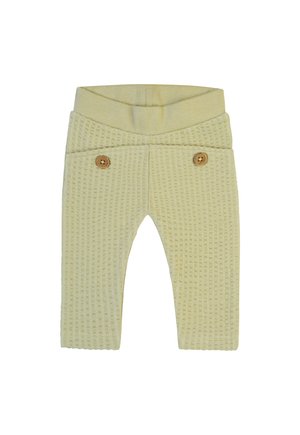Pantalons pour bébé en tricot jaune clair avec un motif texturé, équipés de deux boutons en bois et d'une taille élastique douce pour le confort.