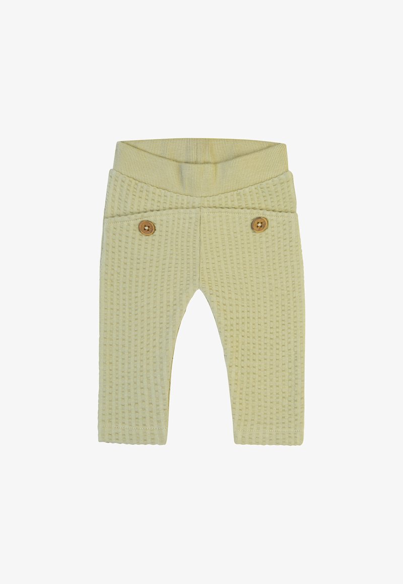Jasnożółte, dziane spodnie dla niemowląt z teksturowanym wzorem, wyposażone w dwa drewniane guziki oraz miękką elastyczną talię dla wygody.