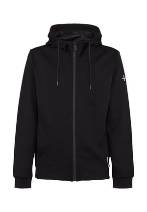 Zwarte hoodie met volledige ritssluiting, capuchon met trekkoord, lange mouwen, ritssluitingszakken en een klein wit kruislogo op de linker mouw.