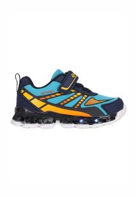 Blaue und gelbe Sportschuhe mit einem Obermaterial aus Mesh, strukturierten Mustern, Klettverschluss und durchsichtiger Sohle mit LED-Lichtern.
