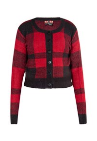 Röd och svart rutmönstrad cardigan, kort design, långa ärmar, rund halsringning, med sex svarta knappar och ett texturerat stickat material.