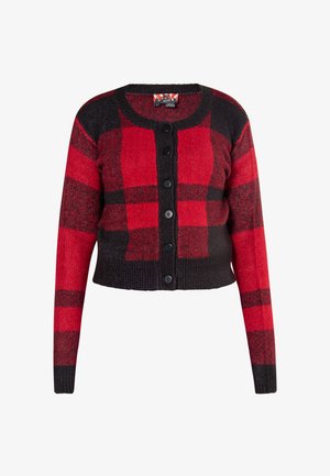 Rood en zwart geruit vest, cropped ontwerp, lange mouwen, ronde halslijn, met zes zwarte knopen en een gestructureerd gebreid materiaal.