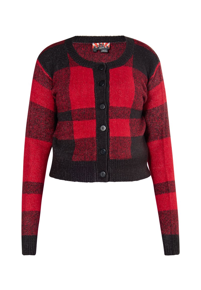 Röd och svart rutmönstrad cardigan, kort design, långa ärmar, rund halsringning, med sex svarta knappar och ett texturerat stickat material.