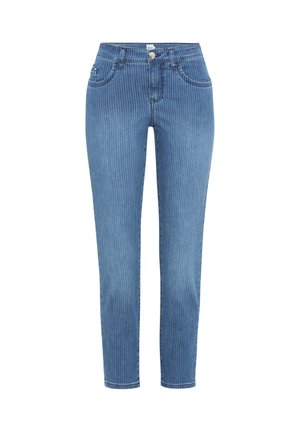 Blue slim-fit jeans with subtle vertical white stripes, front button closure, and standard five-pocket design.