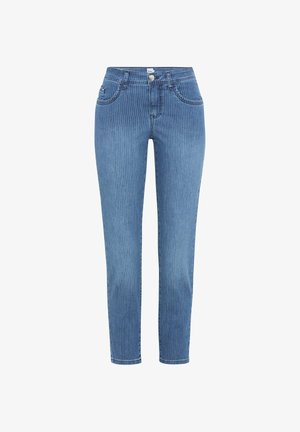 Jeans slim fit blu con sottili strisce verticali bianche, chiusura frontale con bottoni e design standard a cinque tasche.