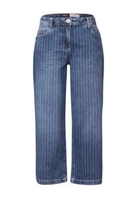 Jeans de pernera ancha en denim azul oscuro con rayas verticales blancas, que cuentan con un cierre frontal de botones y dos bolsillos laterales.
