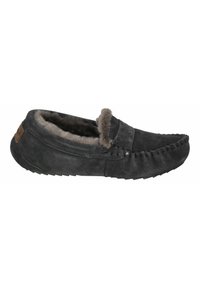 Gray suede slipper featuring a soft fur lining, stitched detailing along the edge, and a textured rubber sole for grip.
