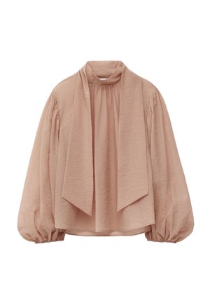 Blouse in soft blush pink, made of lightweight fabric. Features puff sleeves, a high collar, and a long, tied scarf detail at the neck.