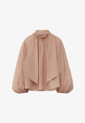 Blouse in soft blush pink, made of lightweight fabric. Features puff sleeves, a high collar, and a long, tied scarf detail at the neck.