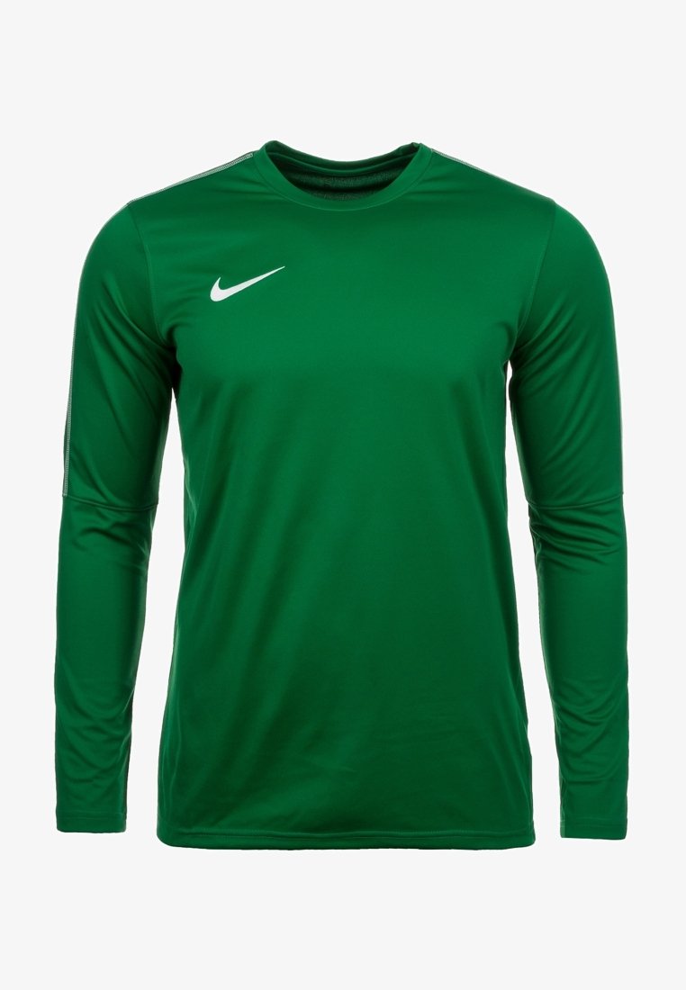 T-shirt de sport vert à manches longues en tissu lisse et qui évacue l'humidité. Il présente un col rond et un logo Nike blanc sur la poitrine gauche.