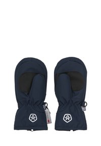 Dunkelblaue, isolierte Fäustlinge mit schwarzen verstärkten Handflächen und einem weißen Logo auf den Handgelenkbündchen, entworfen für kaltes Wetter.