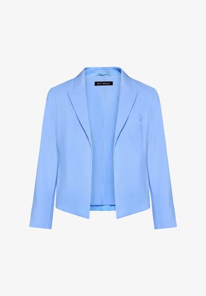 Jasnoniebieska damska marynarka z długimi rękawami, kołnierzem z wycięciem i otwartym przodem, metka z napisem "Betty Barclay".