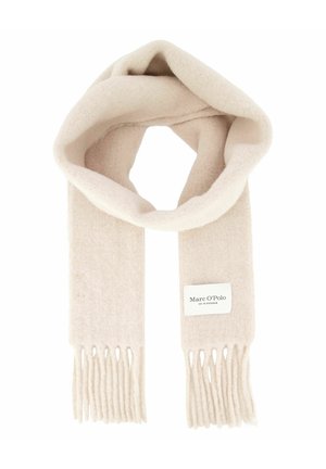 Beige wool scarf with fringe ends, folded in a loop, featuring a white rectangular label with "Marc O'Polo" text.