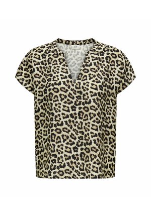 Blúzka s leopardím vzorom, V-výstrihom, krátkymi rukávmi, voľným strihom a ľahkým materiálom v neutrálnych odtieňoch béžovej a čiernej.