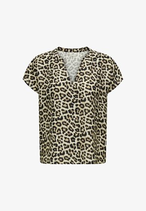 Blúzka s leopardím vzorom, V-výstrihom, krátkymi rukávmi, voľným strihom a ľahkým materiálom v neutrálnych odtieňoch béžovej a čiernej.