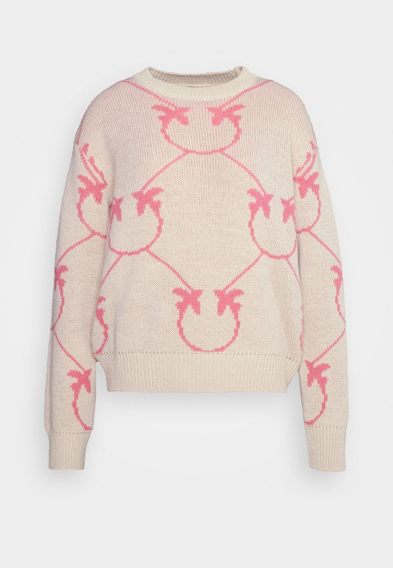 Pull en maille crème avec motif floral abstrait rose, col rond, manches longues et poignets et ourlet côtelés.