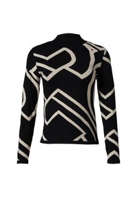 Schwarzer Langarmpullover mit hohem Kragen, der ein weißes geometrisches Muster aufweist. Hergestellt aus einem weichen, gestrickten Material mit einer strukturierten Oberfläche.