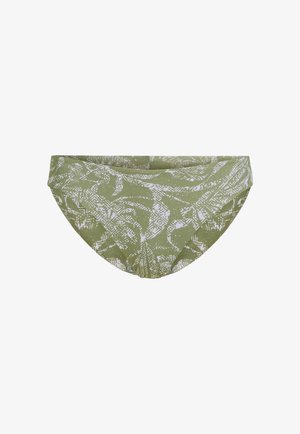 Zelené bikinové spodky se vzorem a geometrickými bílými designy, vyrobené z měkkého, elastického materiálu. Mají nízký střih a hladkou texturu.