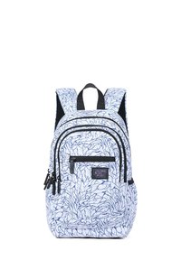 Backpack featuring a white base with a blue abstract pattern, multiple zippered compartments, padded straps, and a top handle.