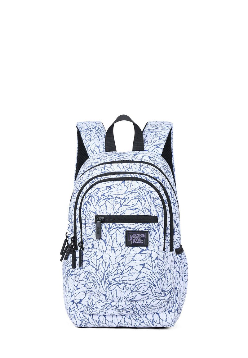 Backpack featuring a white base with a blue abstract pattern, multiple zippered compartments, padded straps, and a top handle.