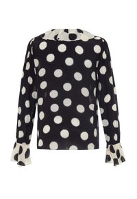 Blusa nera con grandi pois bianchi, scollatura arricciata e maniche a campana, realizzata in tessuto leggero e trasparente. Motivo a pois su tutta la superficie.