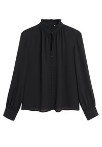 Blusa nera con maniche lunghe, colletto alto con volant e chiusura con bottoni. Realizzata in un tessuto leggero con una texture liscia e polsini aderenti.