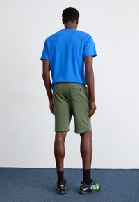 Mėlyni medvilniniai marškinėliai derinami su žaliais sportiniais šortais; šortai turi užpakalinę kišenę; modelis dėvi juodus ir žalius sportinius batelius. Fonas vientisas.