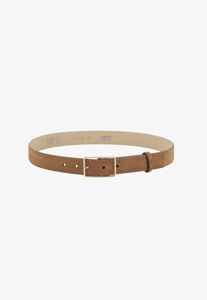 Brown suede belt with a polished gold-tone buckle, featuring multiple holes for adjustable fit and a smooth inner lining.