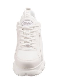 White sneaker featuring a mesh and leather upper, rounded toe, flat laces, padded collar, and textured rubber sole with branding accents.