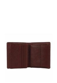 Portafoglio in pelle marrone con più scomparti per carte e un ampio vano, caratterizzato da una superficie liscia e un design minimalista.