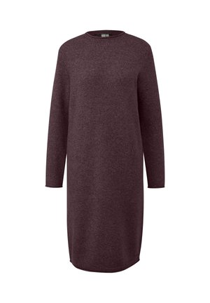 Kleed met lange mouwen in donkerbordeaux breiwerk, met een ronde halslijn en geribbelde manchetten, in een ontspannen, licht getailleerde vorm.