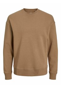 Sudadera marrón hecha de un tejido suave, con cuello redondo, puños de canalé y un ajuste relajado. Sin patrones ni marcas visibles.