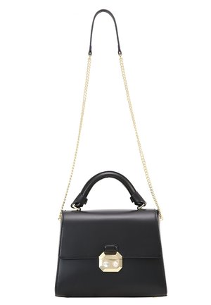 Black leather handbag with a top handle, gold-tone geometric clasp, and a gold chain shoulder strap with a leather shoulder pad.